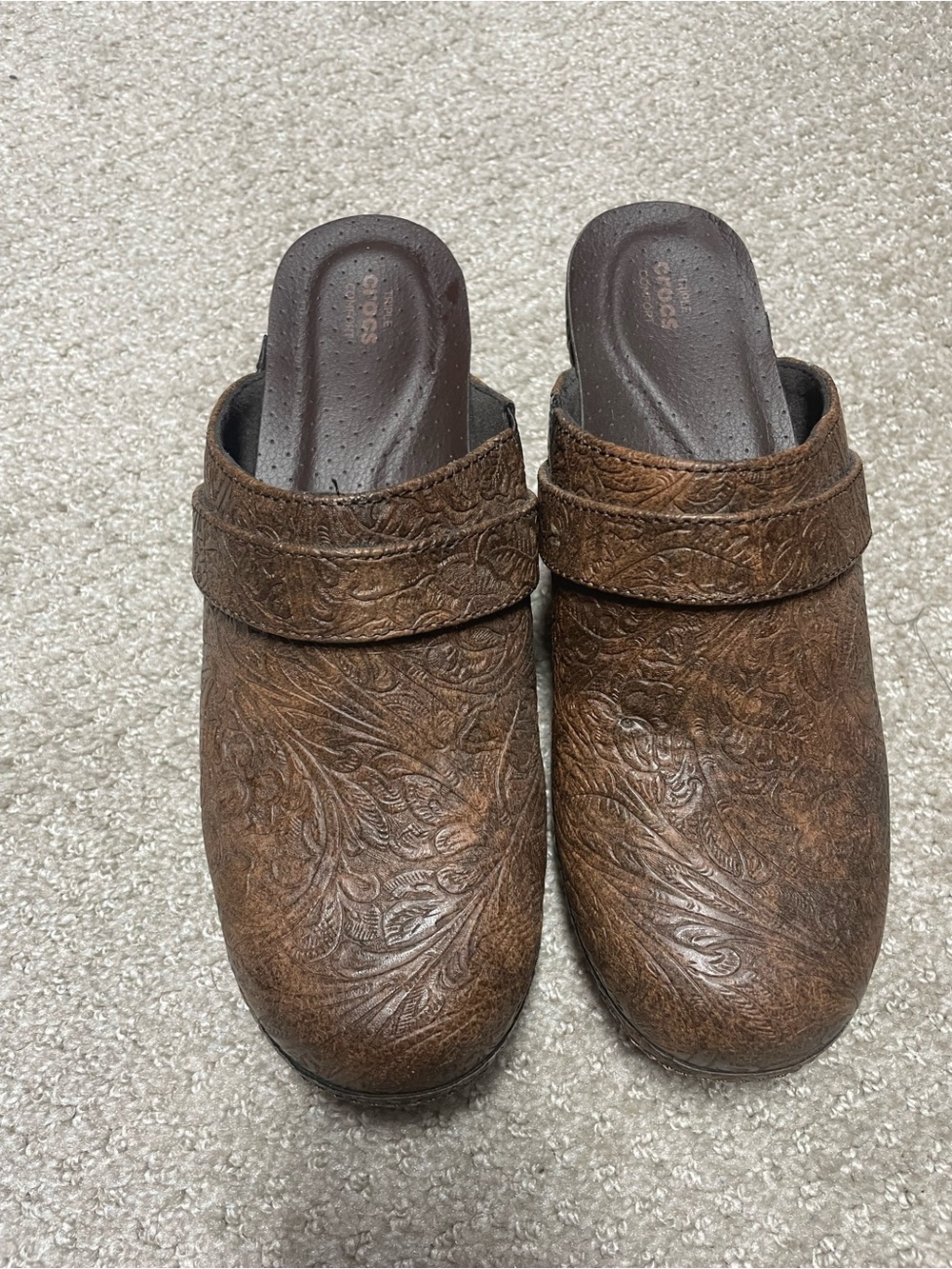CROCS Brown Embossed Leather Slip-On Clogs